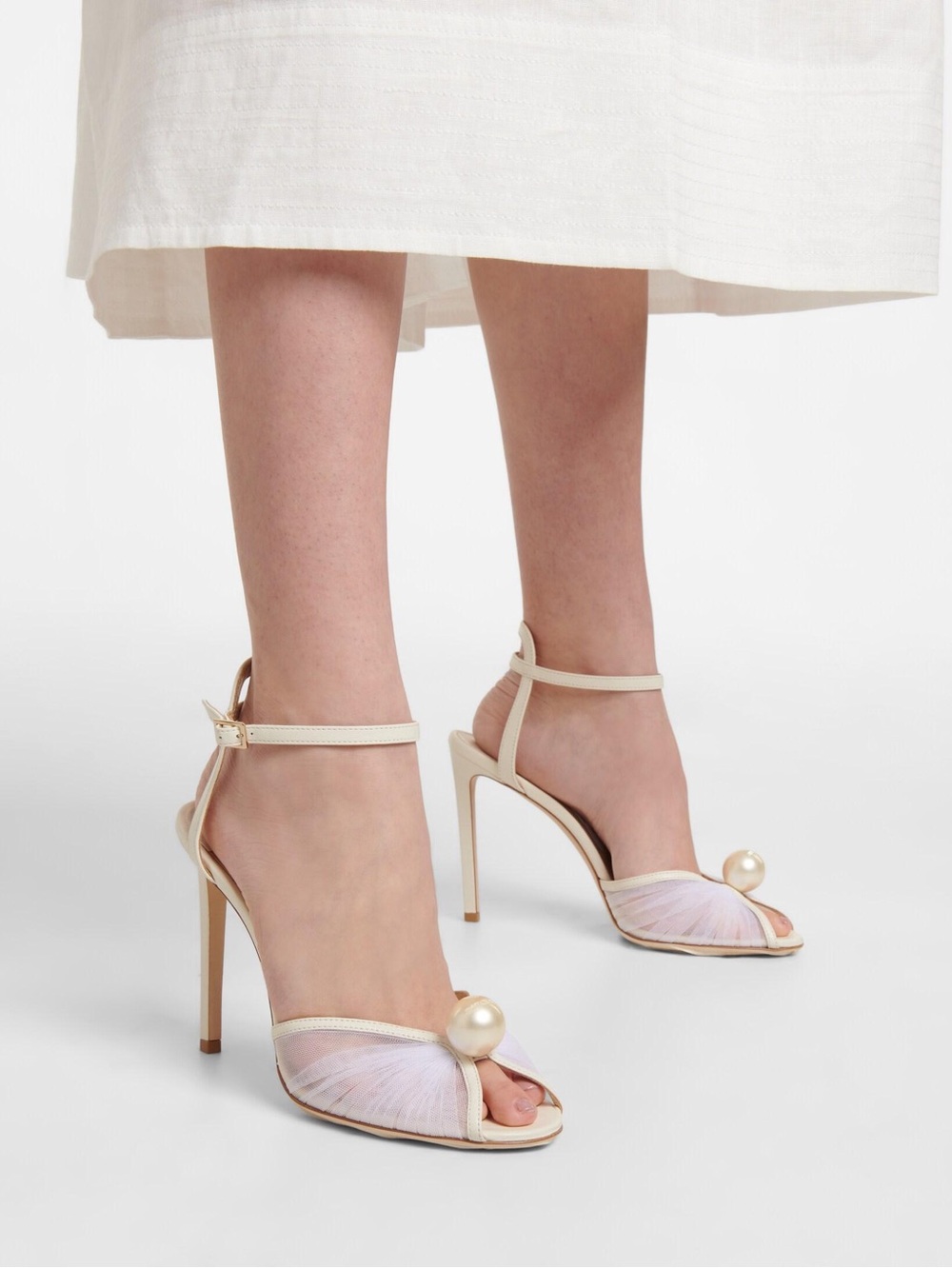 Jimmy Choo White Pearl-Accent Ankle-Strap Heels